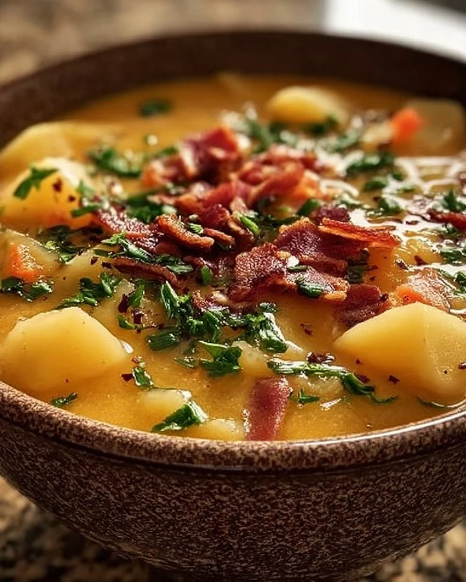 Schüssel mit klassischer Deutscher Kartoffelsuppe, garniert mit frischen Kräutern