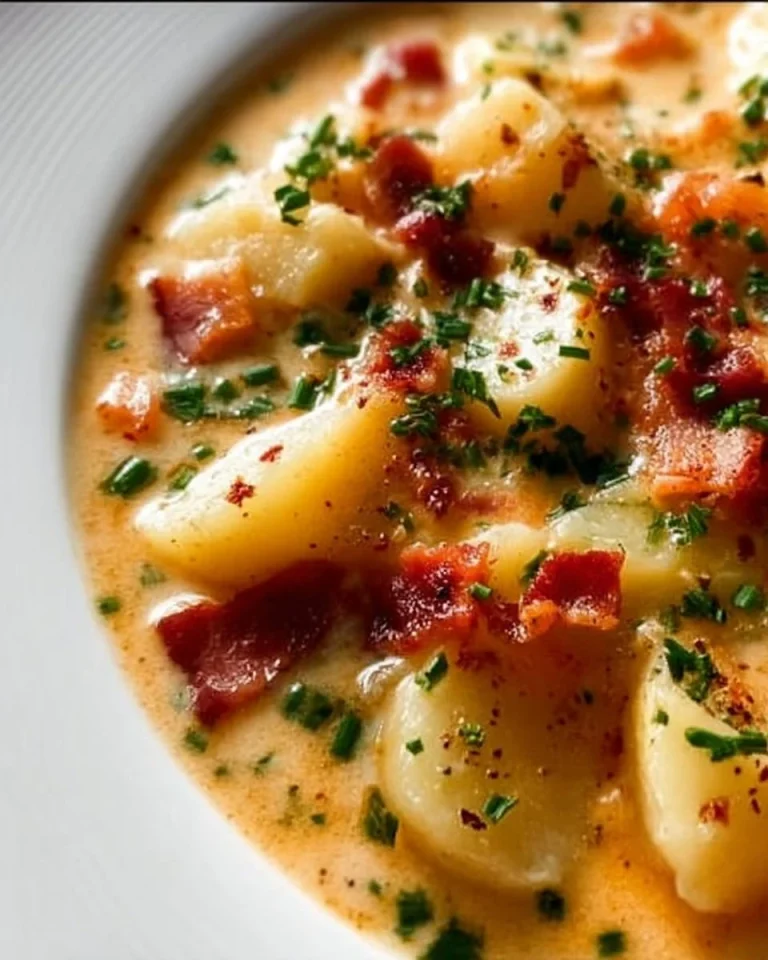 Schüssel mit köstlicher deutscher Kartoffelsuppe, garniert mit frischen Kräutern.
