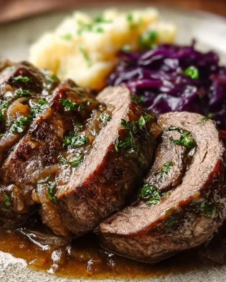 Zart gefüllte deutsche Rinderrouladen auf einem Teller serviert