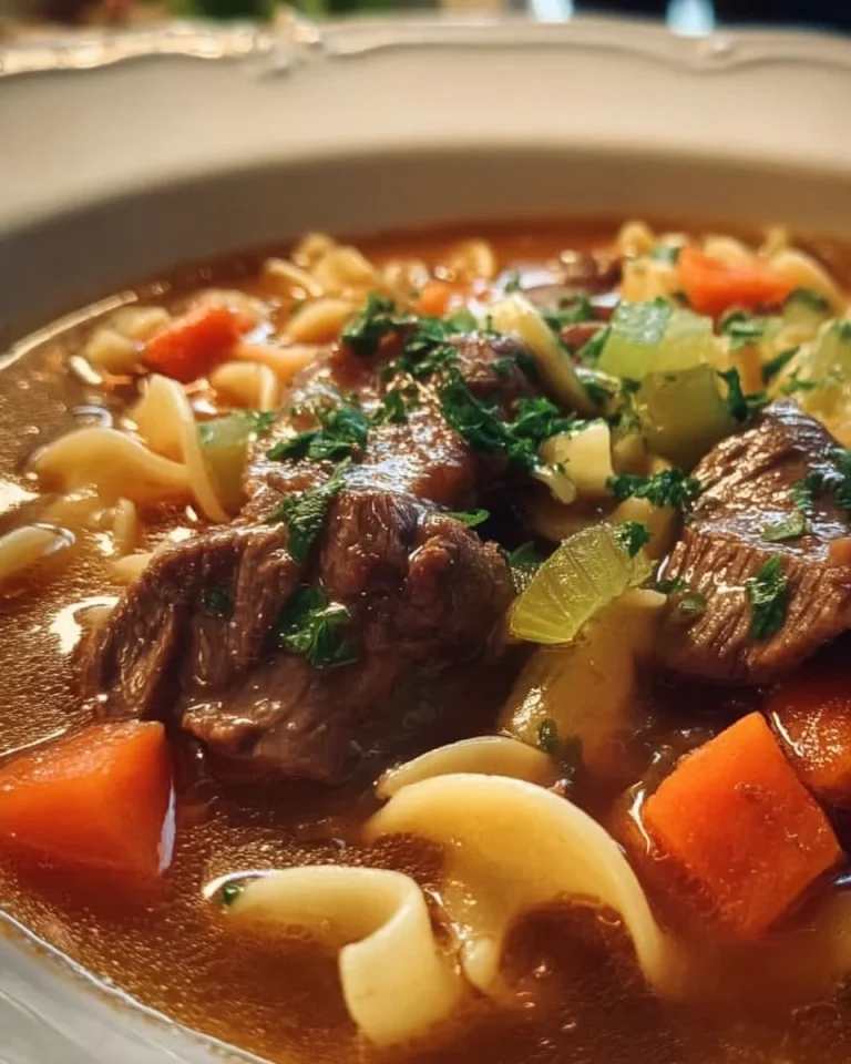 Schüssel mit traditioneller Deutscher Rindfleischnudelsuppe