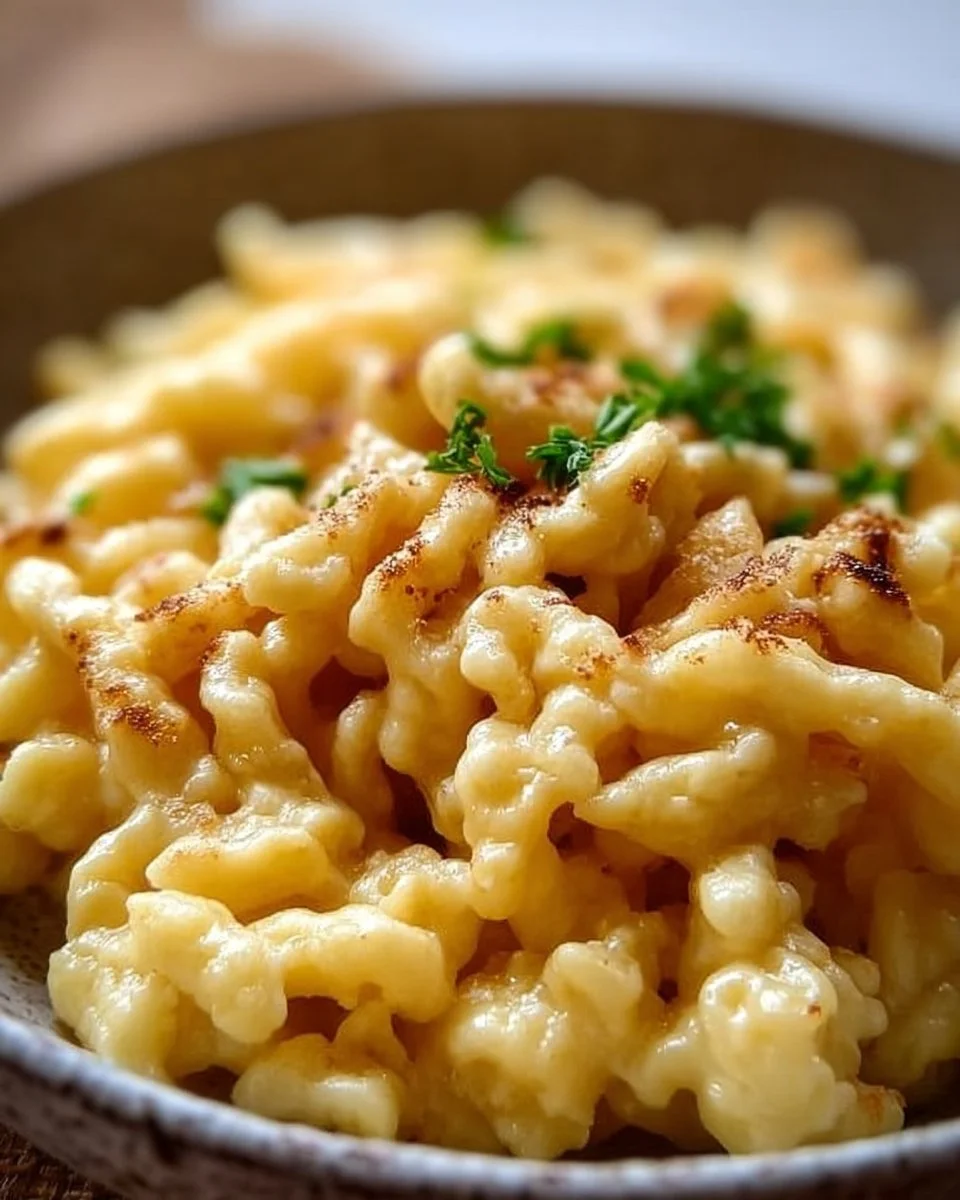 Deutsche Spätzle serviert mit einer leckeren Soße in einer Schüssel.