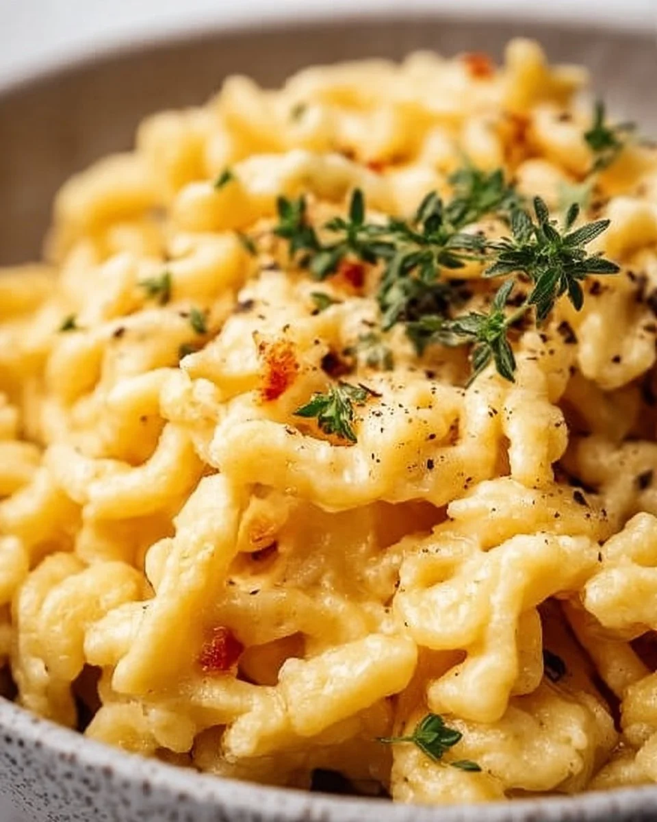 Delicious homemade deutsche Spätzle served with sauce and herbs.