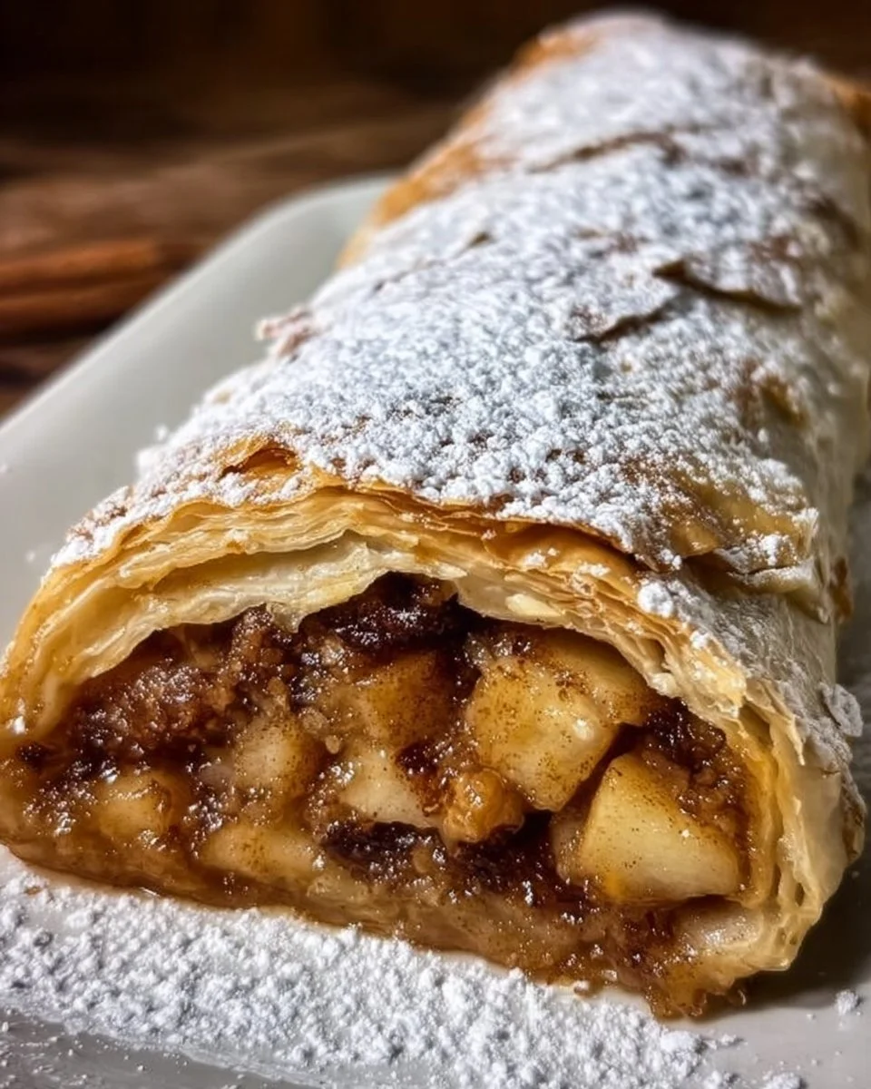Leckerer deutscher Apfelstrudel frisch gebacken mit Äpfeln
