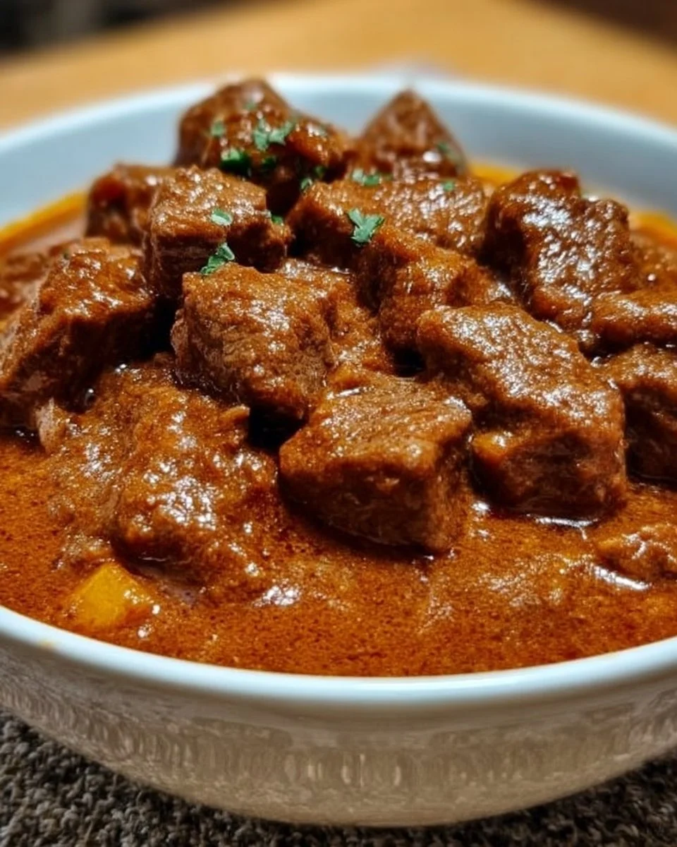 traditioneller deutscher Gulasch in einem Topf serviert