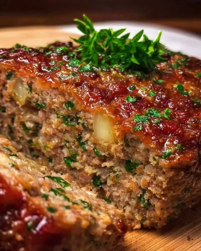 Deutscher Hackbraten mit Kartoffelbeilagen und frischen Kräutern serviert