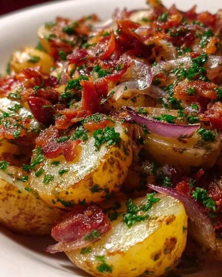 Deutscher Kartoffelsalat in einer Schüssel auf einem Tisch.