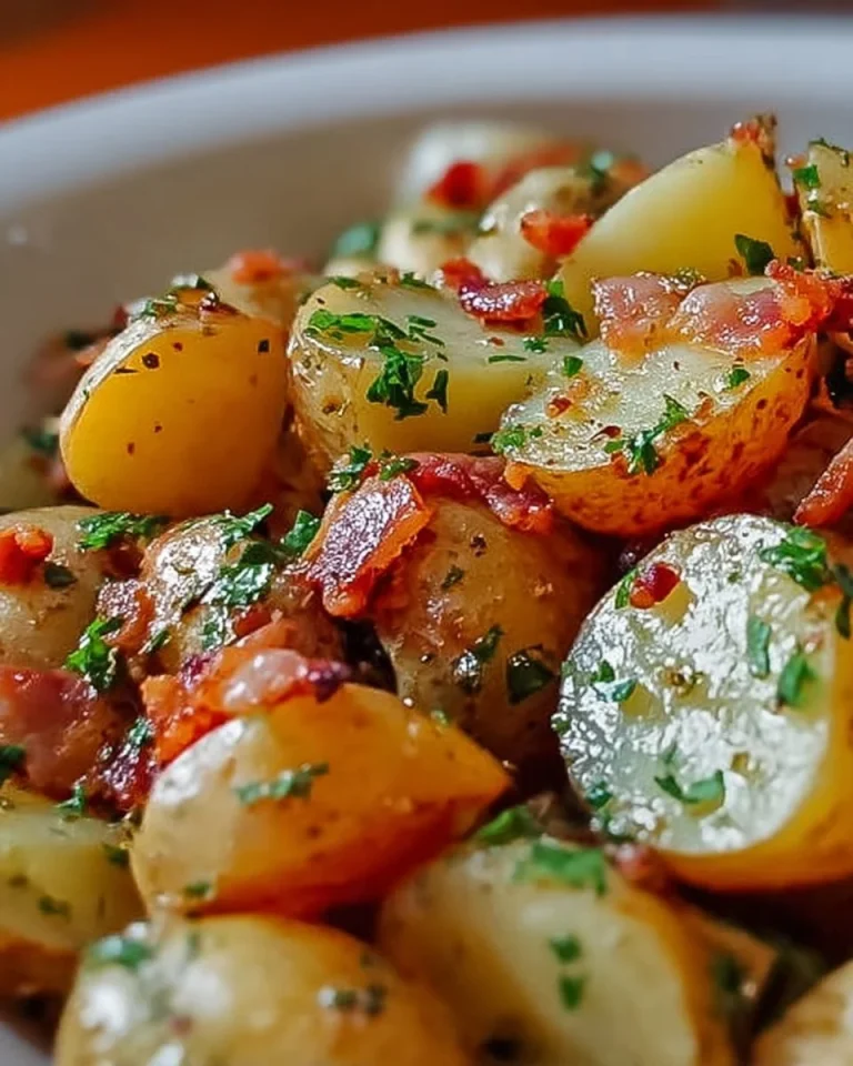 Deutscher Kartoffelsalat auf einem Teller mit frischen Kräutern garniert.