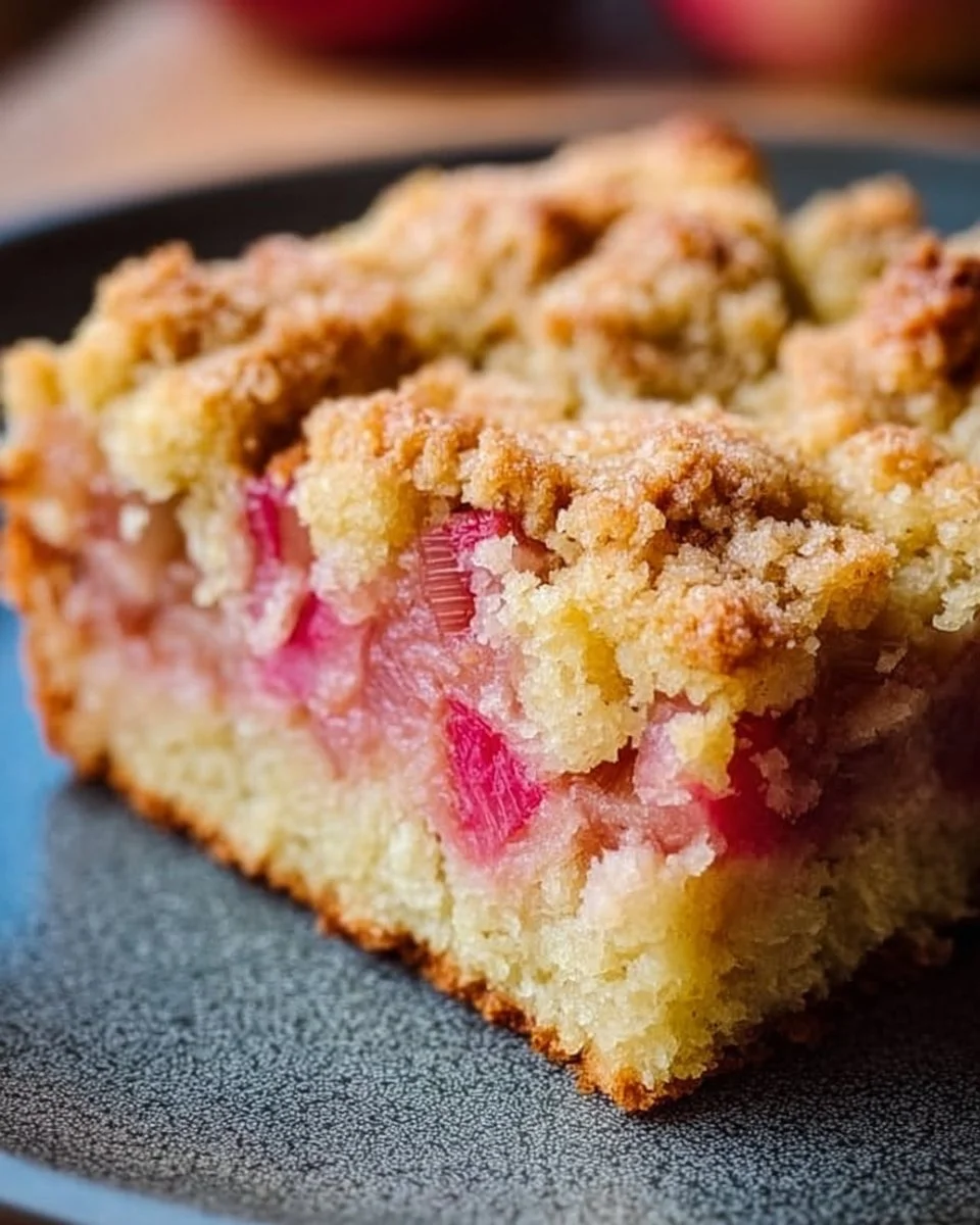Leckerer deutscher Rhabarberkuchen mit frischem Rhabarber und Streuseln