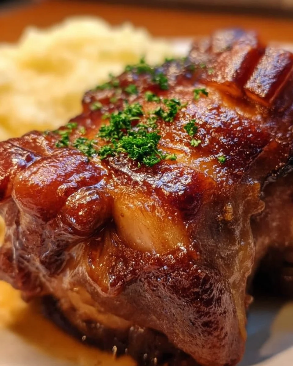 Knusprige Schweinshaxe mit zartem Fleisch auf einem weißen Teller
