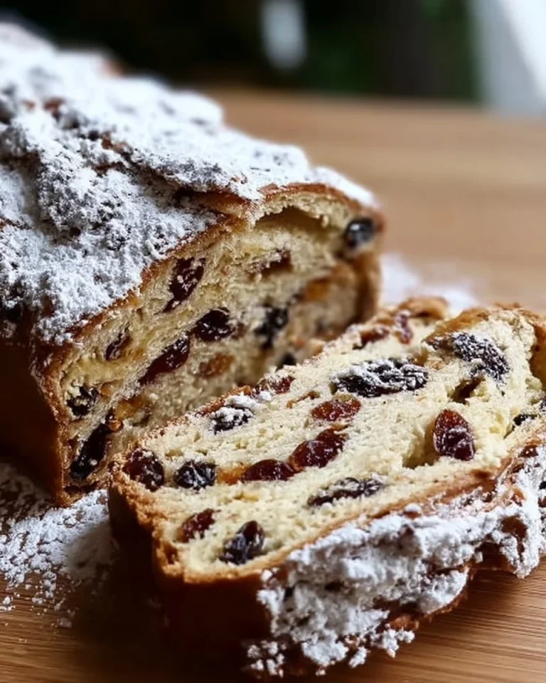 Traditioneller Deutscher Stollen mit Früchten und Nüssen, ideal für die Weihnachtszeit.