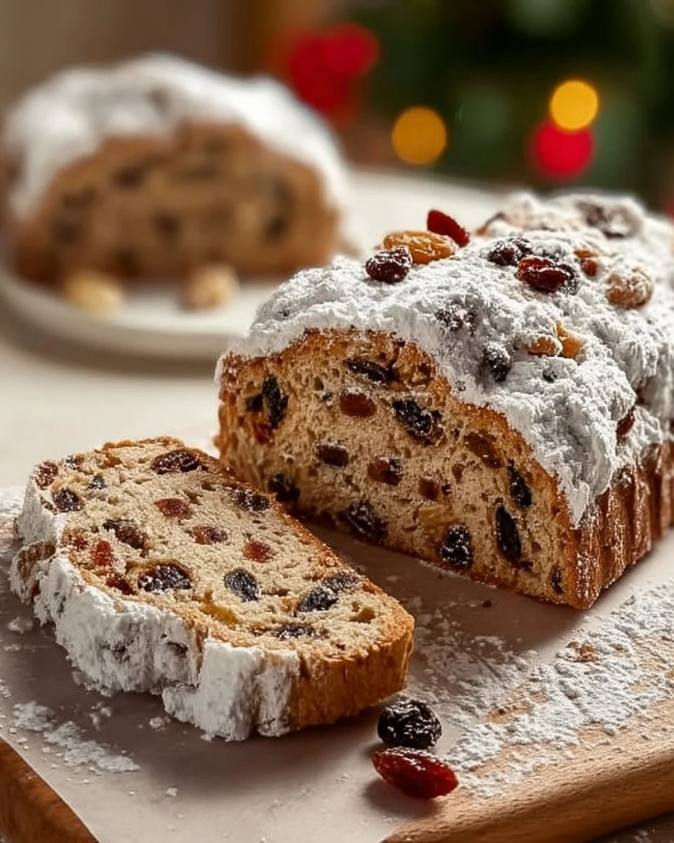 Traditioneller Deutscher Stollen, das Weihnachtsbrot mit Trockenfrüchten und Mandeln.