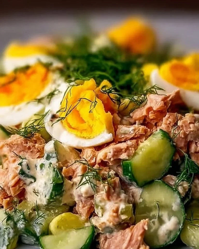 Leckerer Eier-Gurken-Thunfischsalat auf einem Teller serviert