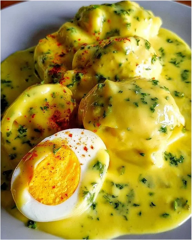 Eier in Senfsauce serviert auf einem Teller mit frischen Kräutern.