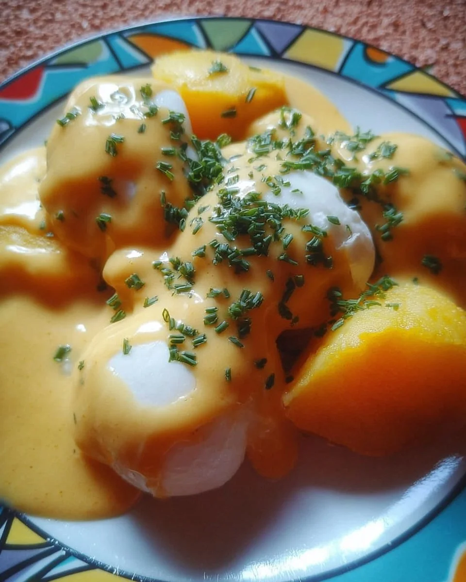 Gekochte Eier mit cremiger Senfsoße auf einem Teller serviert