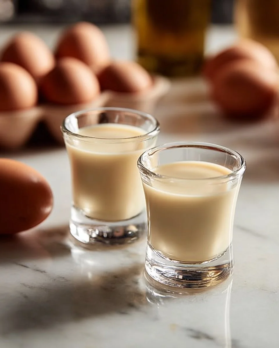 Hausgemachter Eierlikör in einem klassischen Glas serviert