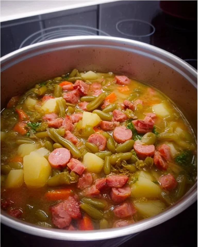 Bohneneintopf mit Schinkenspeck und Möhren in einer Schüssel serviert.