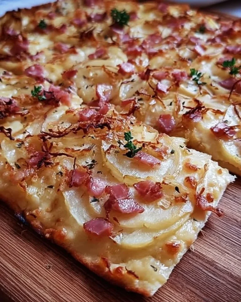 Leckere Stücke von Elsässer Flammkuchen auf einem Holzbrett serviert.