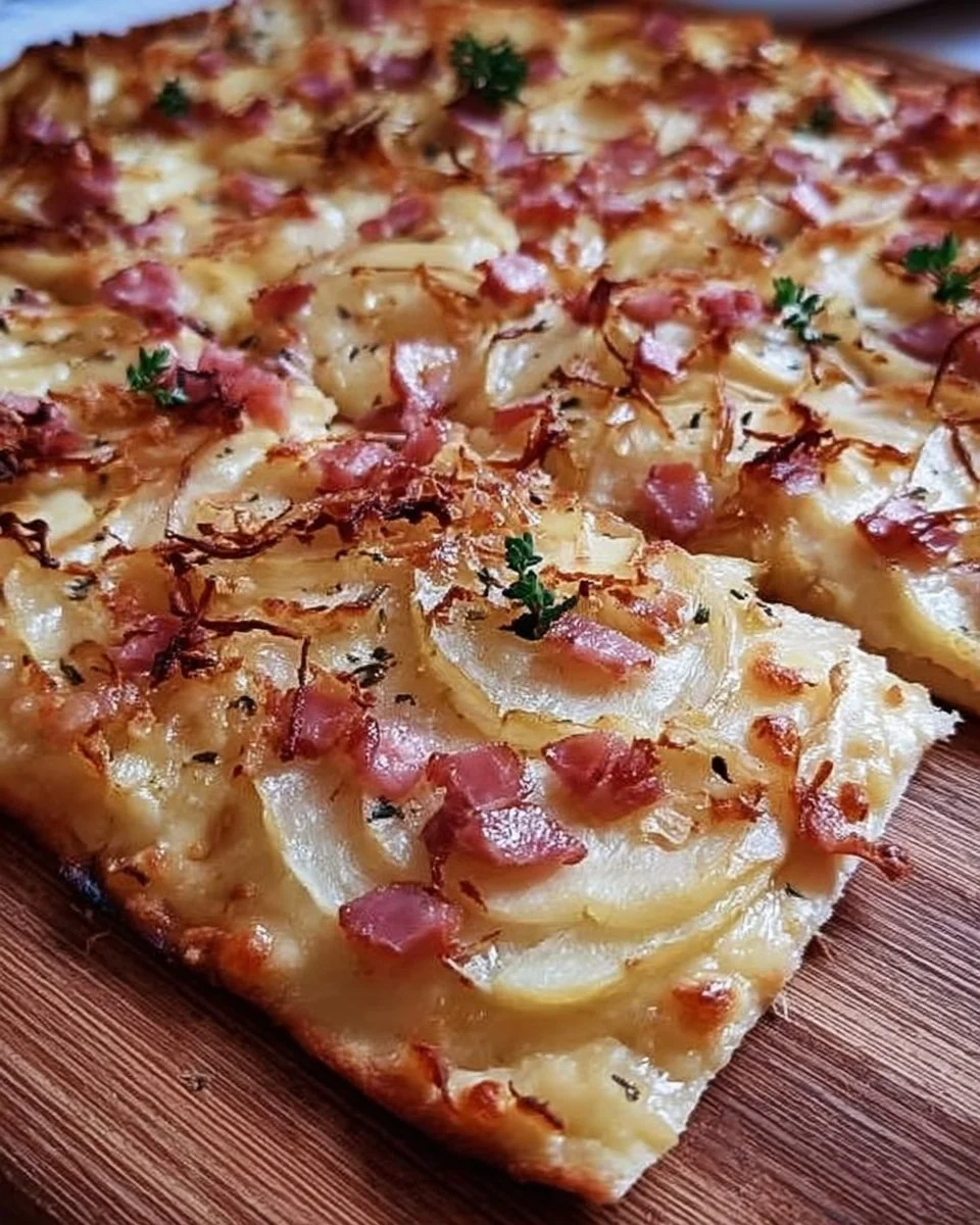 Leckere Stücke von Elsässer Flammkuchen auf einem Holzbrett serviert.