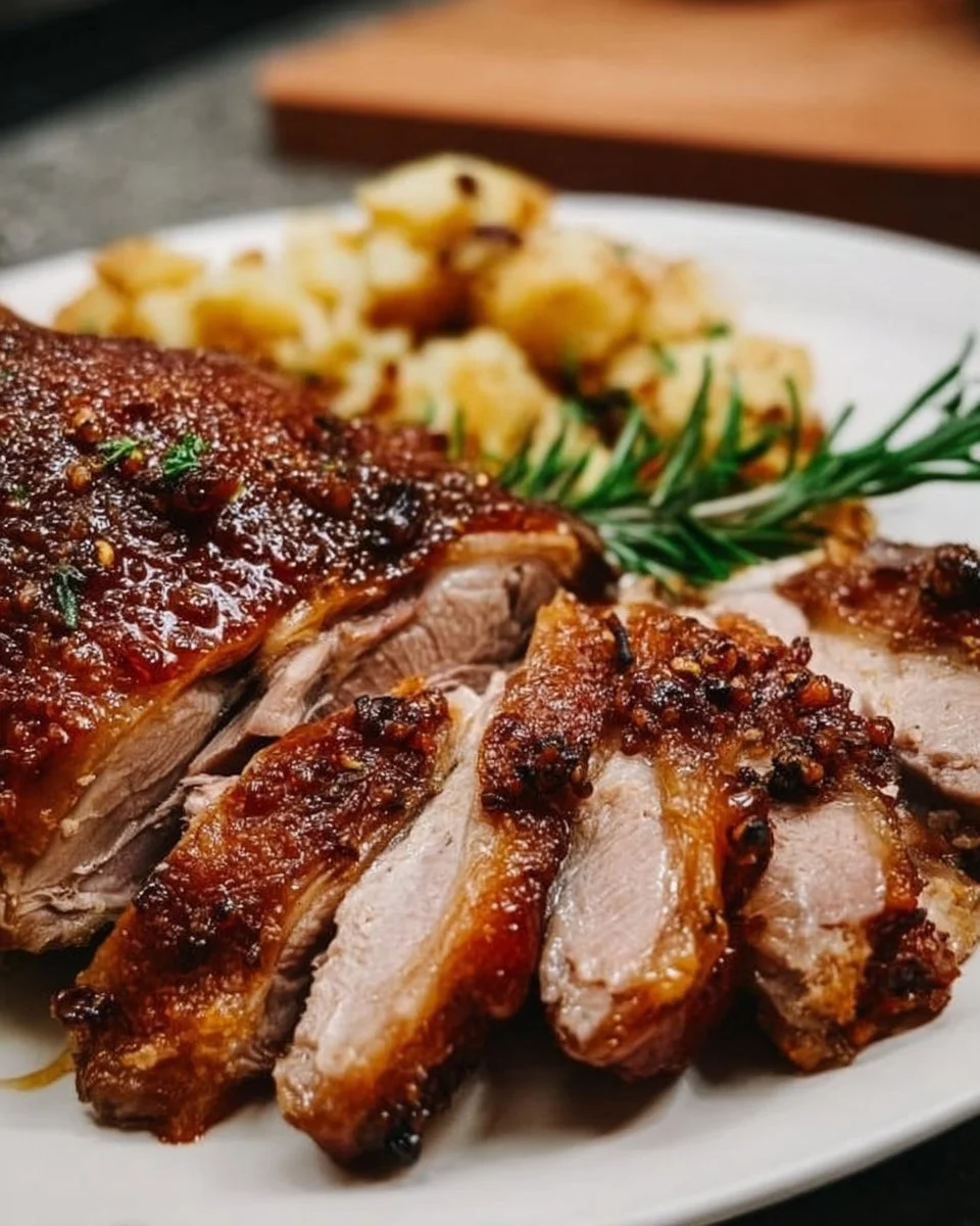 Saftiger Entenbraten auf einem Tisch, perfekt zubereitet für festliche Anlässe.