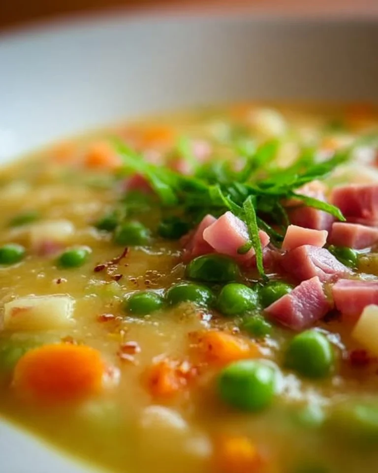 Schüssel mit dampfender Erbsensuppe und frischem Brot