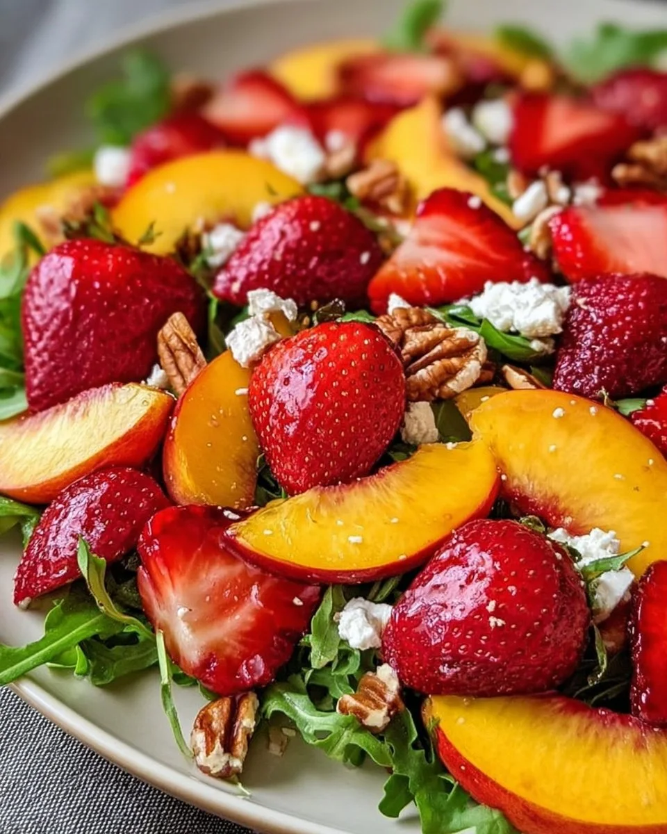 Erdbeer-Pfirsich-Salat mit Honig-Zitronen-Vinaigrette auf einem Teller