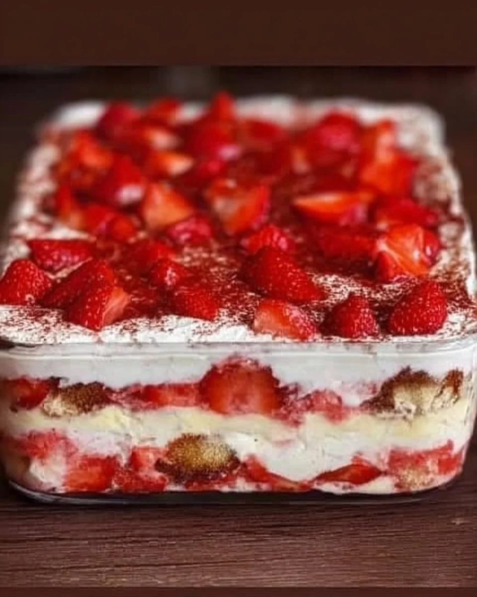 Leckeres Erdbeer Tiramisu mit frischen Erdbeeren und Sahne.