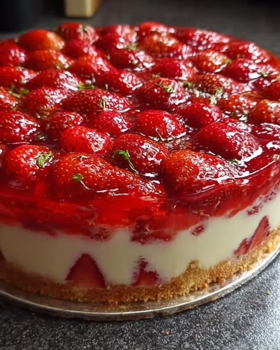 Erdbeerkuchen mit Schmand-Vanillecreme auf einem Teller