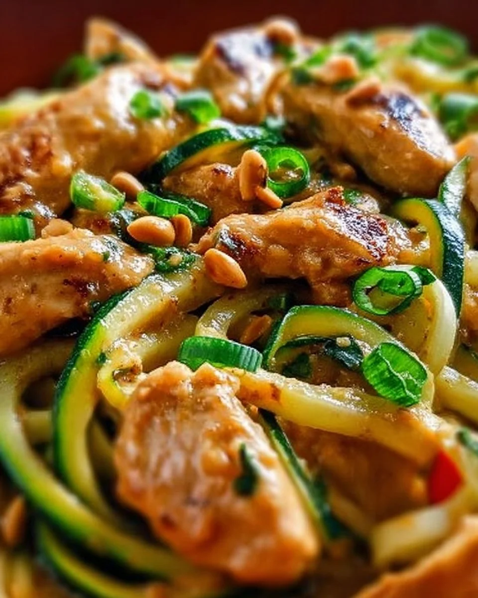 Erdnuss-Hähnchen mit Zucchininudeln auf einem Teller serviert