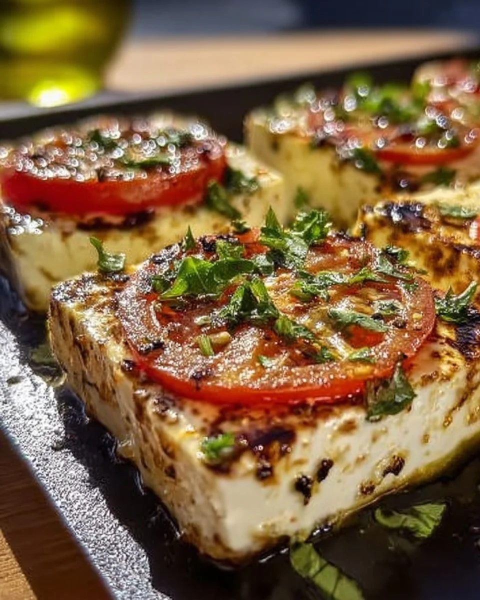 Fetapfanne vom Grill mit frischem Gemüse und Kräutern