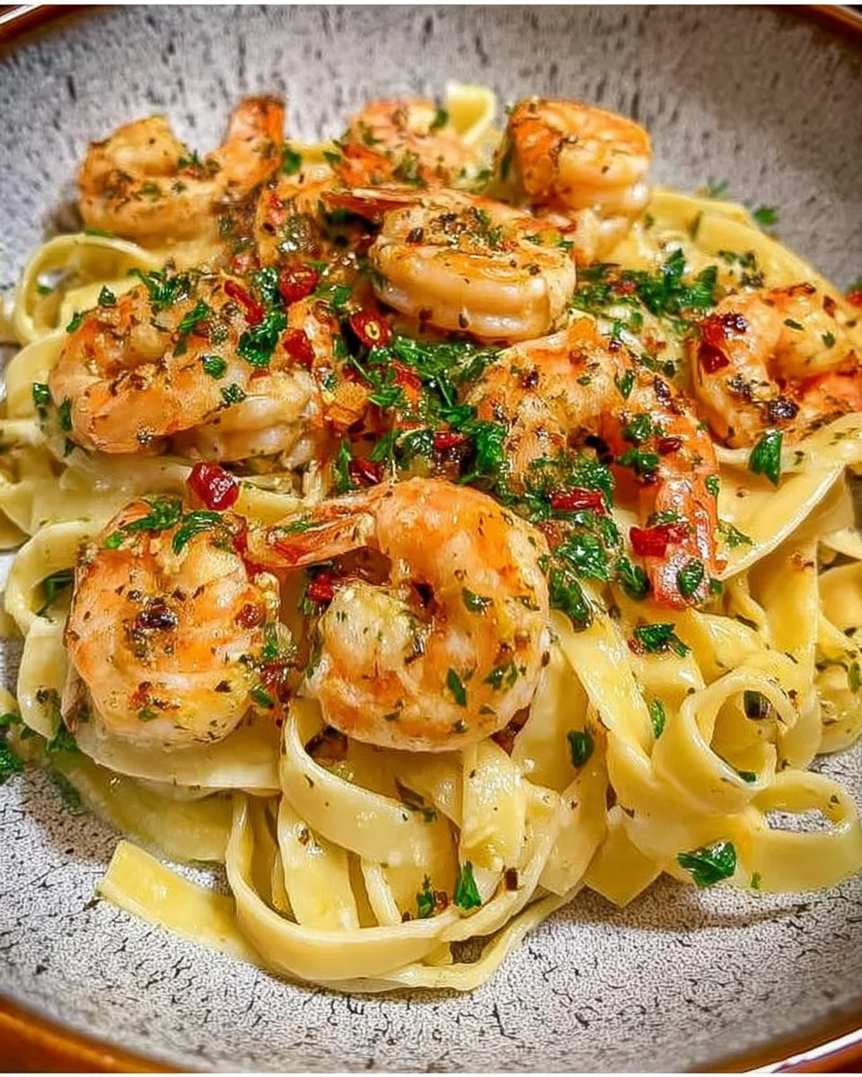Fettuccine mit Garnelen und Knoblauchbutter auf einem Teller serviert