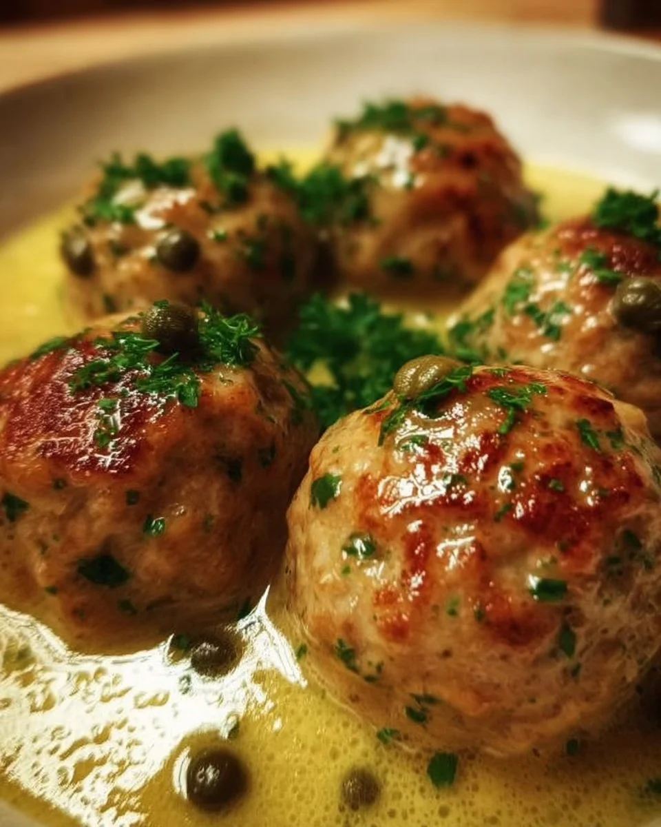 Leckere Fleischbällchen in Kapernsauce auf einem Teller serviert.