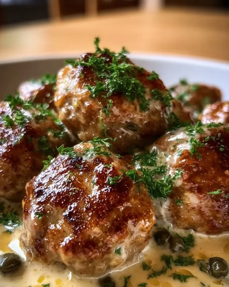 Königsberger Klopse mit Kapernsauce auf einem Teller serviert