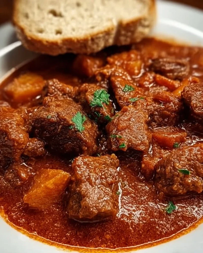 Fleischtopf mit Rindfleisch:Eintopf Gericht auf einem Teller serviert