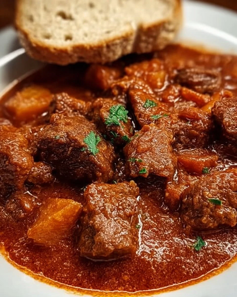 Fleischtopf mit Rindfleisch:Eintopf Gericht auf einem Teller serviert