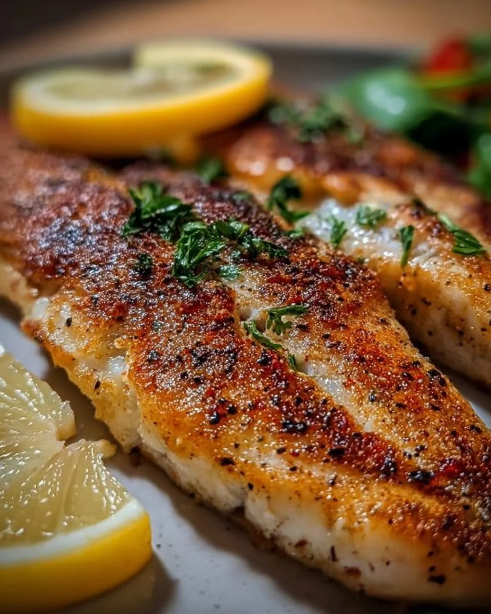 Forelle Müllerin serviert mit frischen Kräutern und Zitrone auf einem Teller.