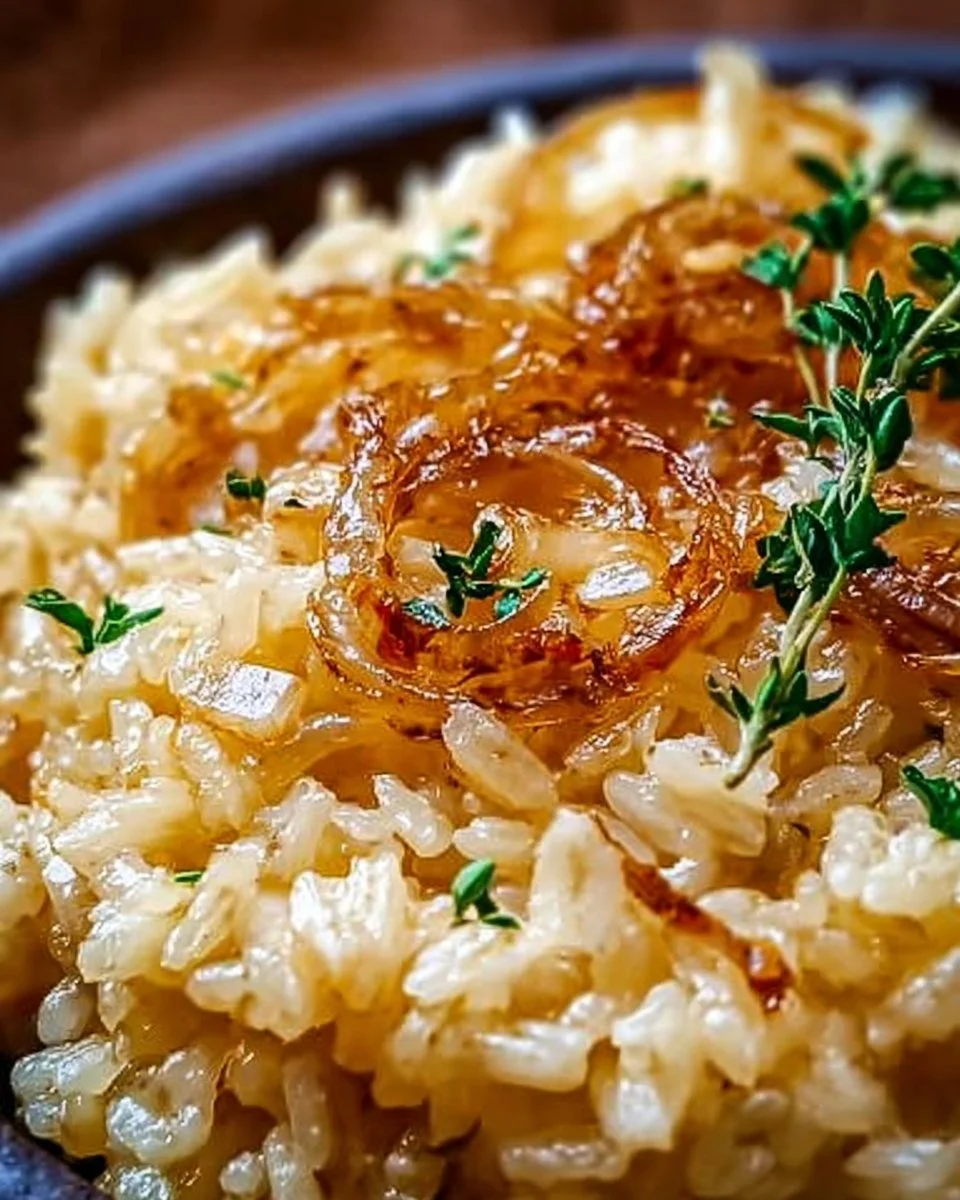 Schüssel mit französischem Zwiebelbutterreis, garniert mit frischen Kräutern