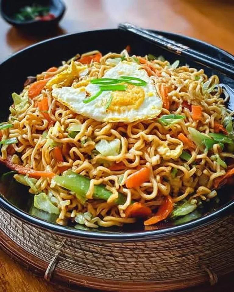 Gebratene Nudeln mit Ei und frischem Gemüse auf einem Teller