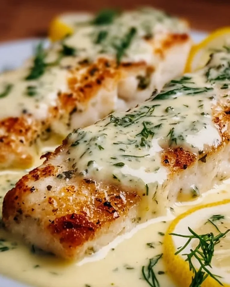 Gebackener Fisch mit Zitronen-Cremesauce auf einem Teller angerichtet