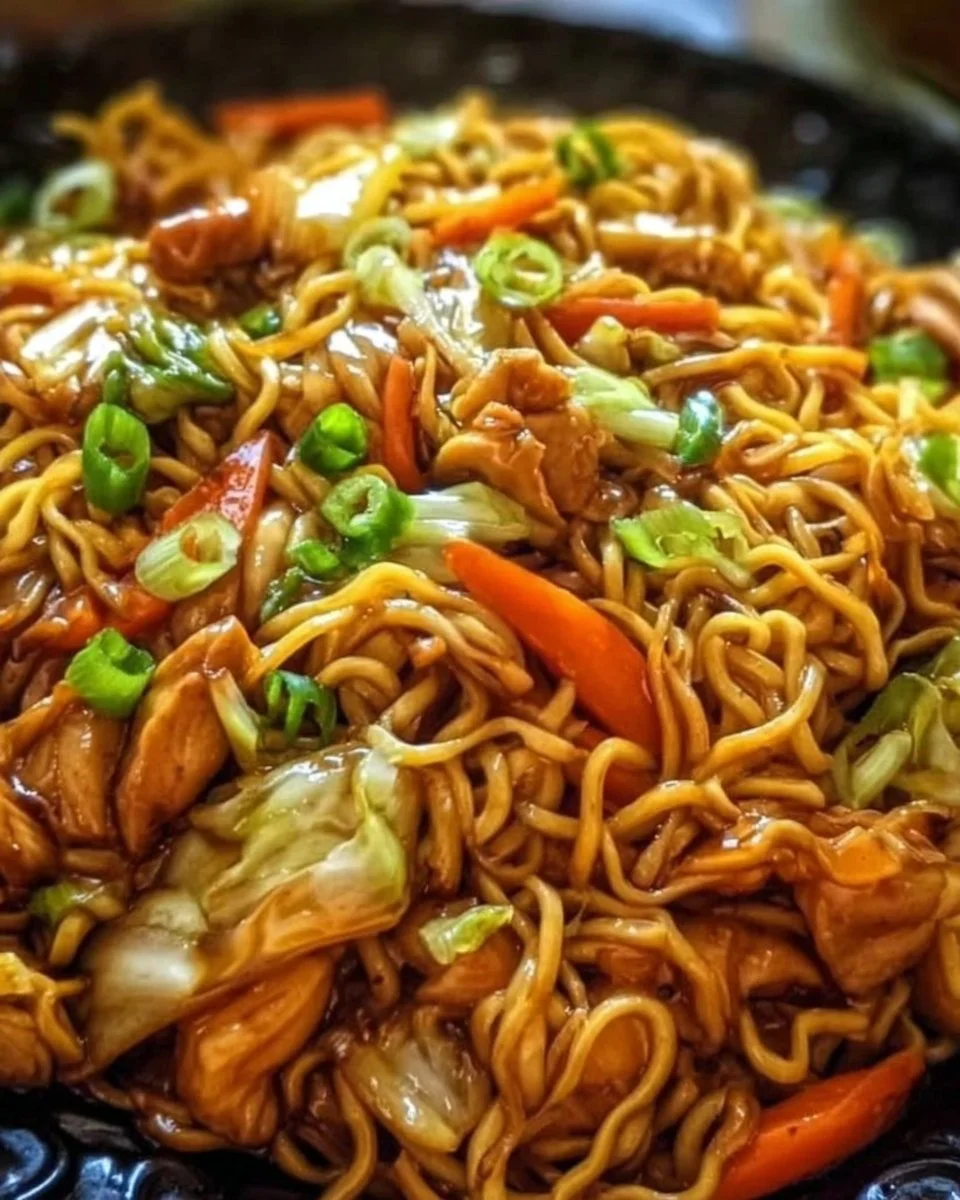 Eine leckere Portion gebratene Nudeln mit Gemüse und Soße auf einem Teller