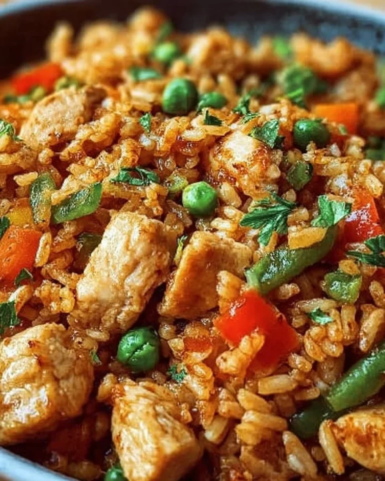 Leckerer gebratener Reis mit Gemüse und Hühnchen auf einem Teller