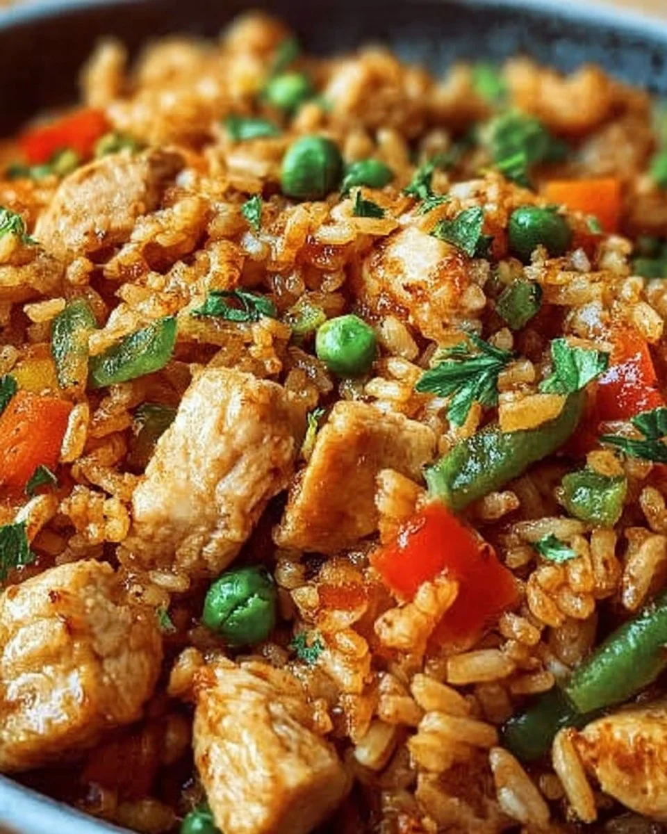 Leckerer gebratener Reis mit Gemüse und Hühnchen auf einem Teller