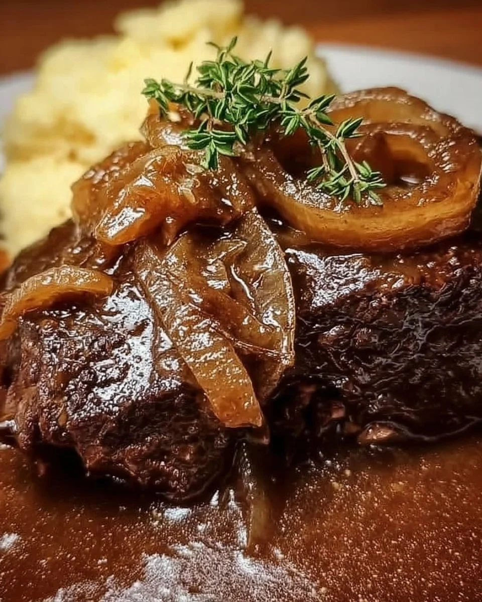 Gedünsteter Zwiebelrostbraten mit Zwiebeln und Beilage