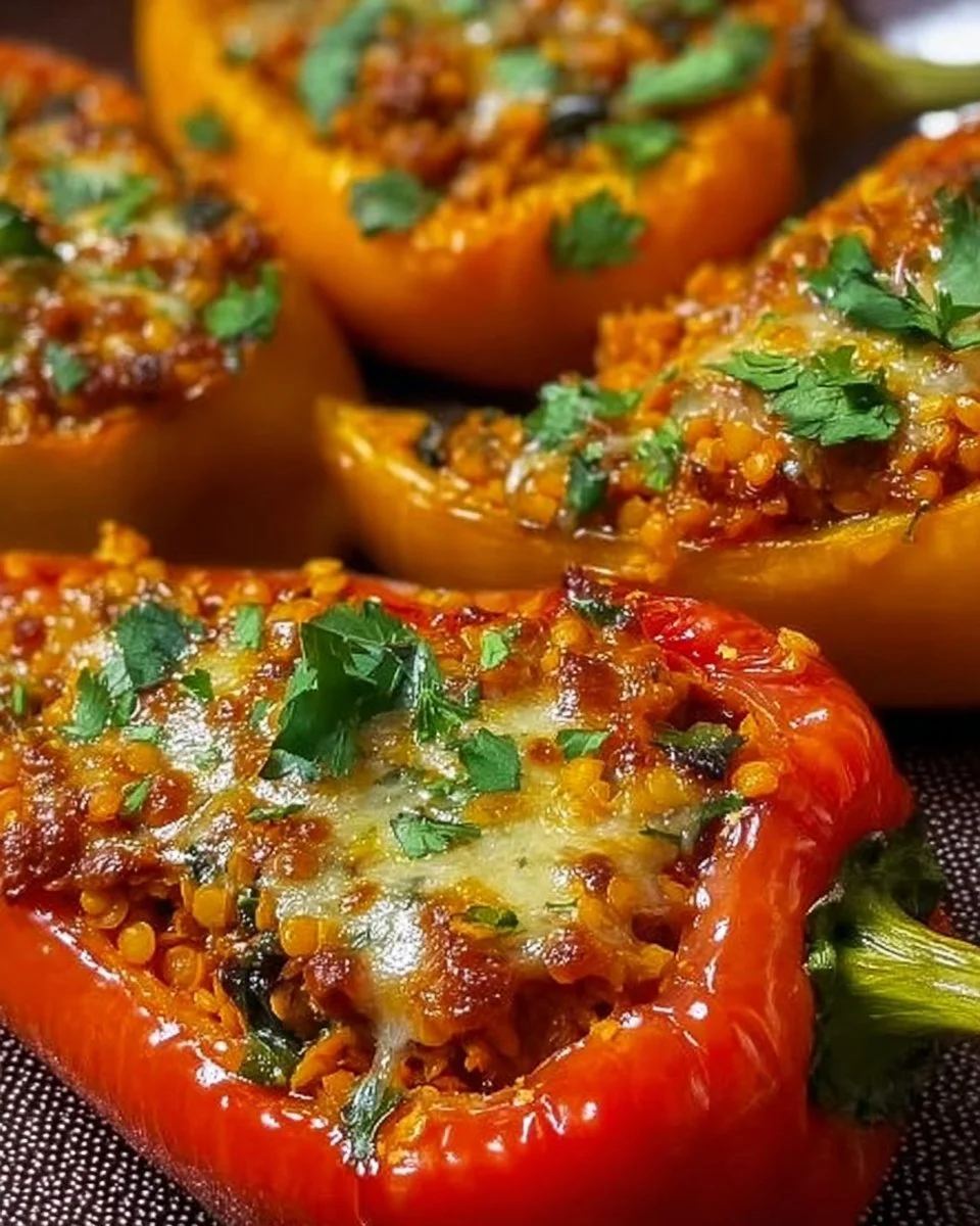 Gefüllte Spitzpaprika mit roten Linsen auf einem Teller