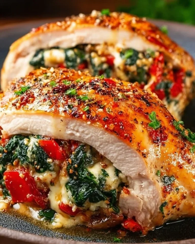 Gefülltes Hähnchen mit gerösteter Paprika, Spinat und Mozzarella auf einem Teller