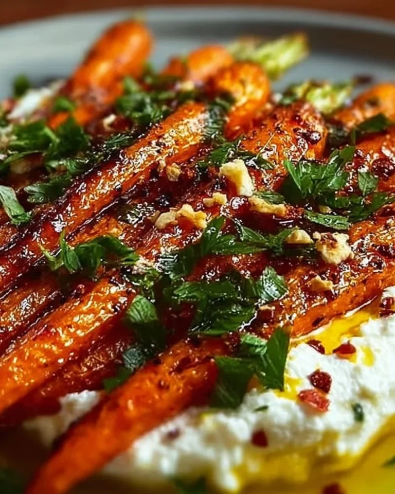 Geröstete Karotten mit Ricotta und scharfem Honig auf einem Teller