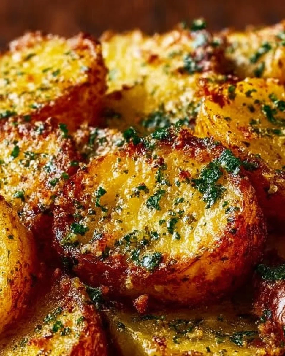 Geröstete Knoblauch-Butter-Parmesan-Kartoffeln auf einem Teller