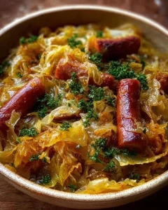 Geschmorter Weißkohl in einer Schüssel mit frischen Kräutern garniert