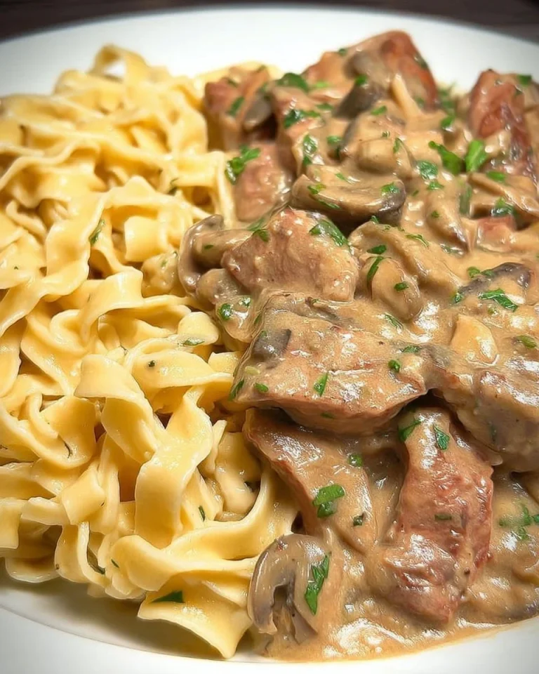 Geschnetzeltes mit Bandnudeln auf einem Teller, garniert mit Kräutern.