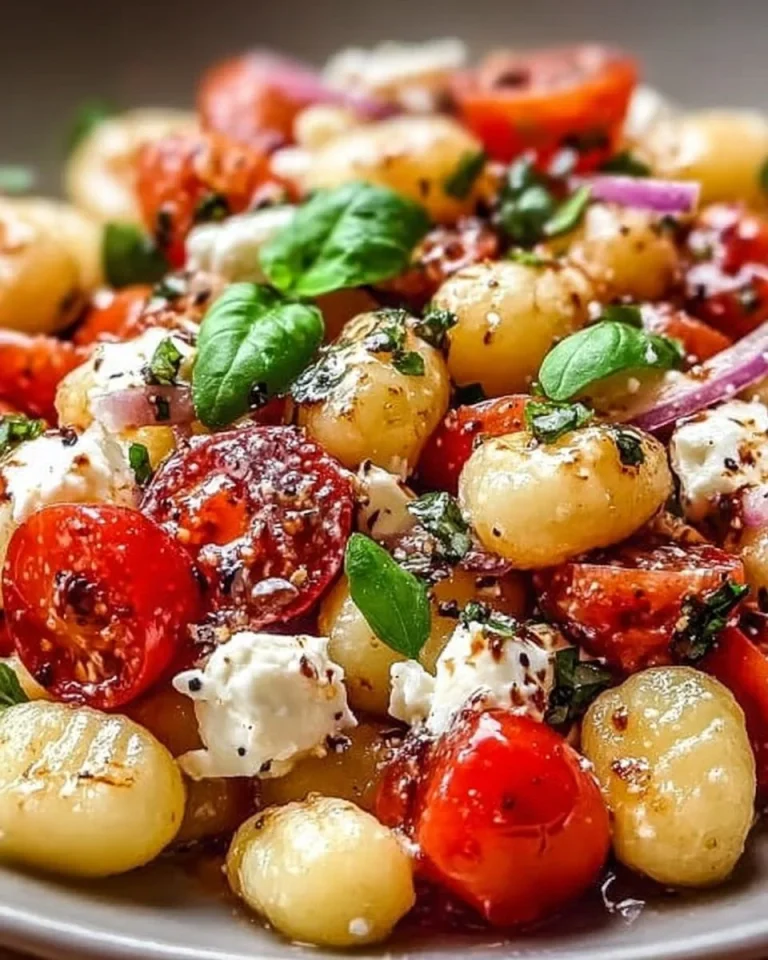 Gnocchi-Salat mit Feta und Tomaten auf einem Teller angerichtet