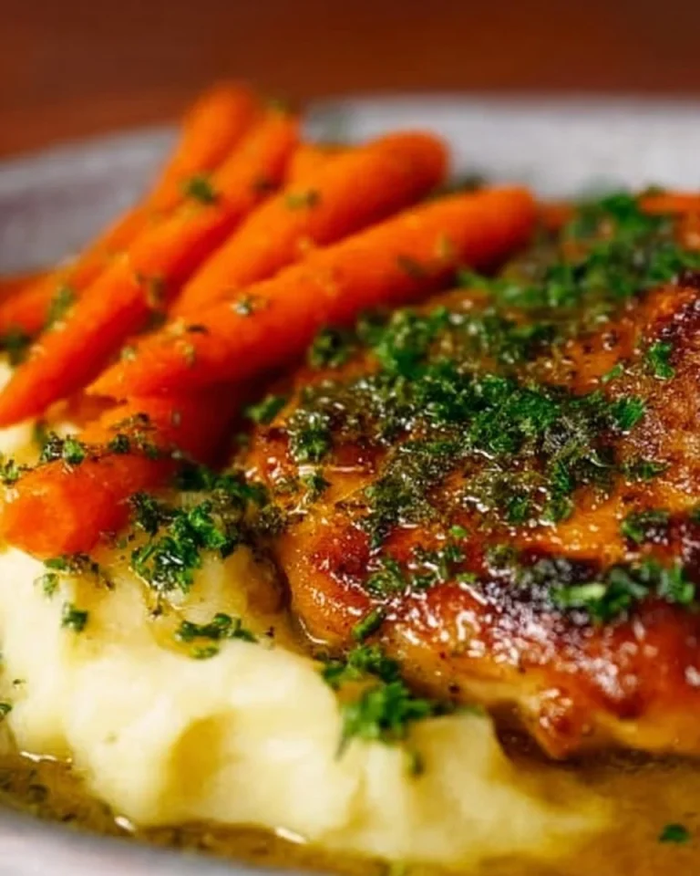 Goldenes Kräuterhähnchen mit Knoblauchsoße, Kartoffelpüree und süßen Karotten serviert.